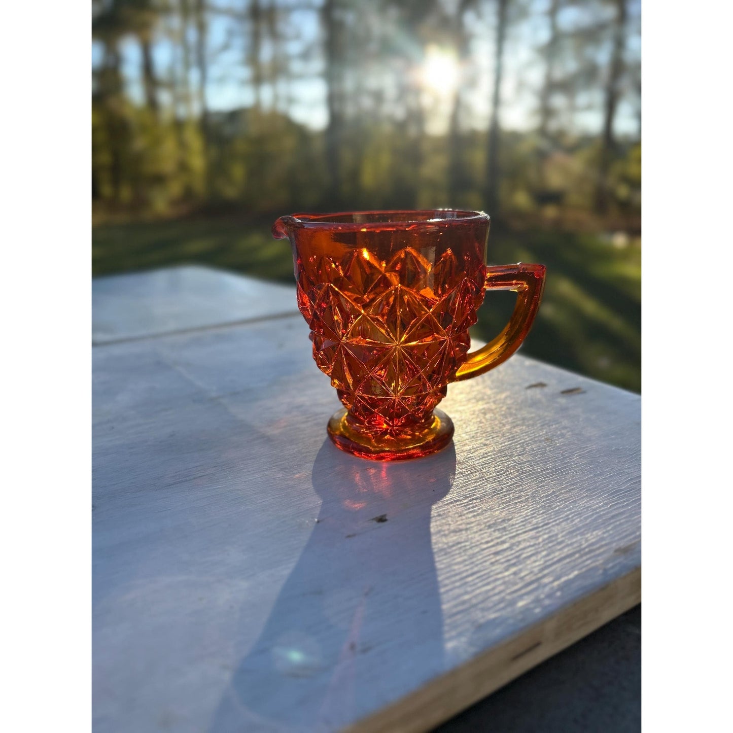 Vintage Amberina Glass Creamer | UV Reactive | Diamond Cut Pressed Glass | Footed Cream Pitcher