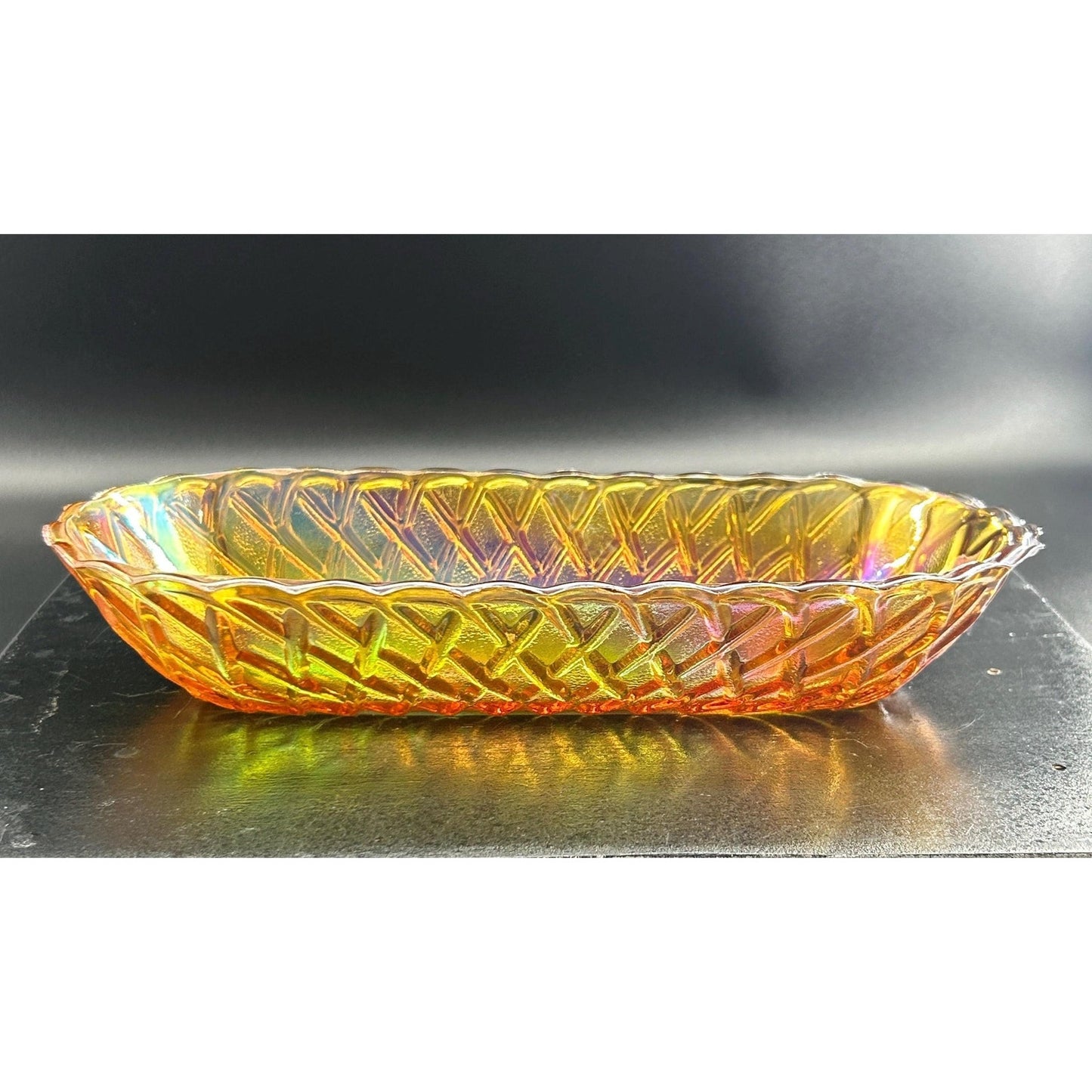 Vintage Indiana Carnival Glass Relish Tray – Marigold Iridescent Diamond Pattern