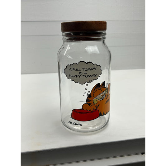 Vintage Garfield Glass Cookie Jar with Wooden Lid | 1978 Jim Davis Cartoon Kitchen Canister Retro Pop Culture Decor