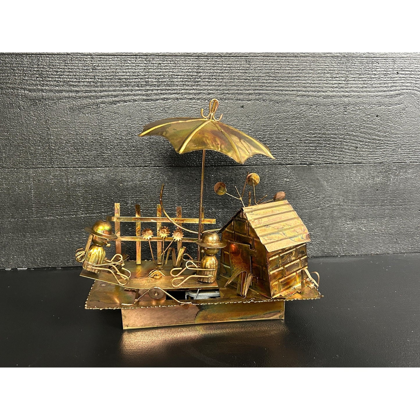 Vintage Berkeley Designs Brass Kinetic Music Box • Working TOYO Movement • Moving Figures Garden Scene • “It’s a Small World” Sculpture rare