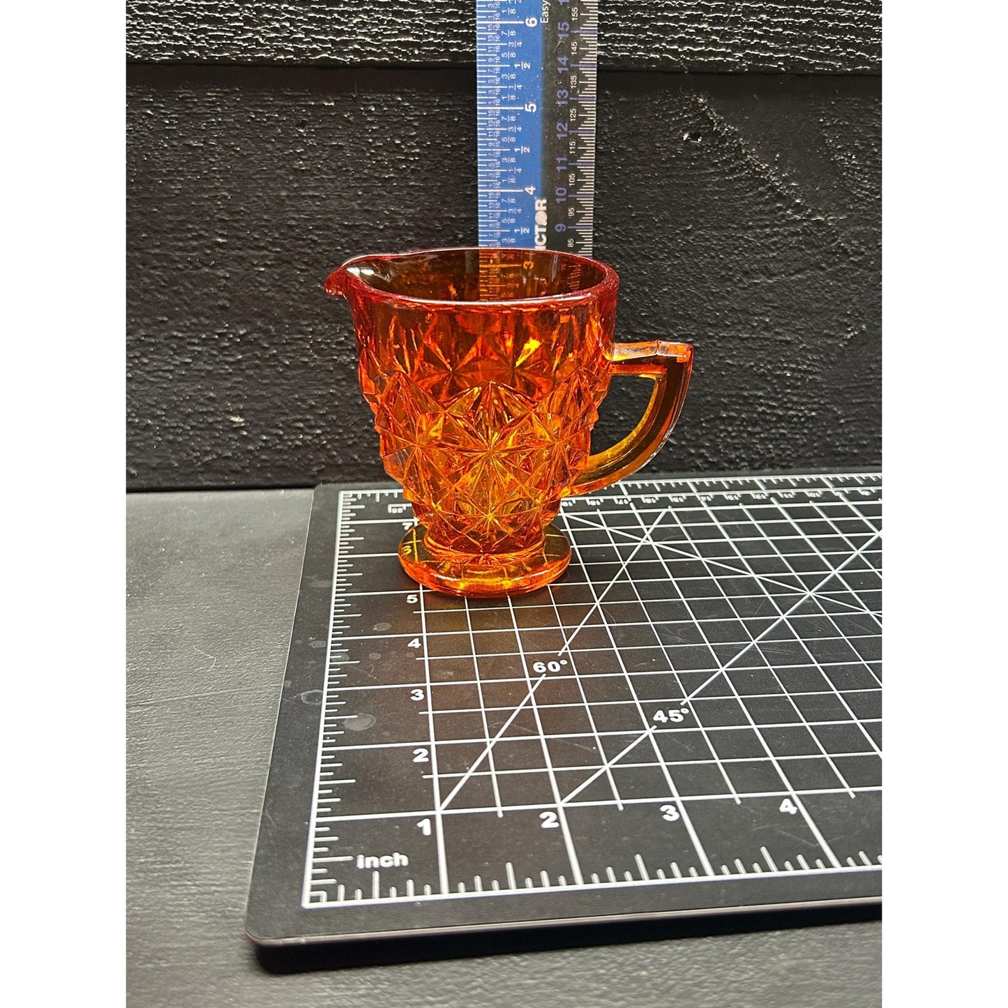 Selenium Diamond Point Glass Creamer | Glows Under UV | Vintage Red Orange Mini Pitcher | Mid Century Art Glass | Uranium Reactive. Amberina