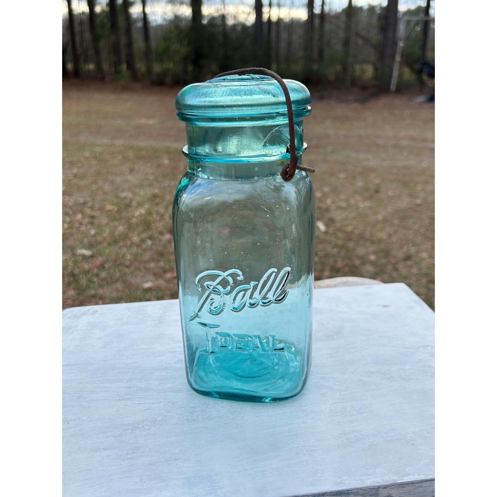 Ball Ideal square aqua mason jar full profile farmhouse