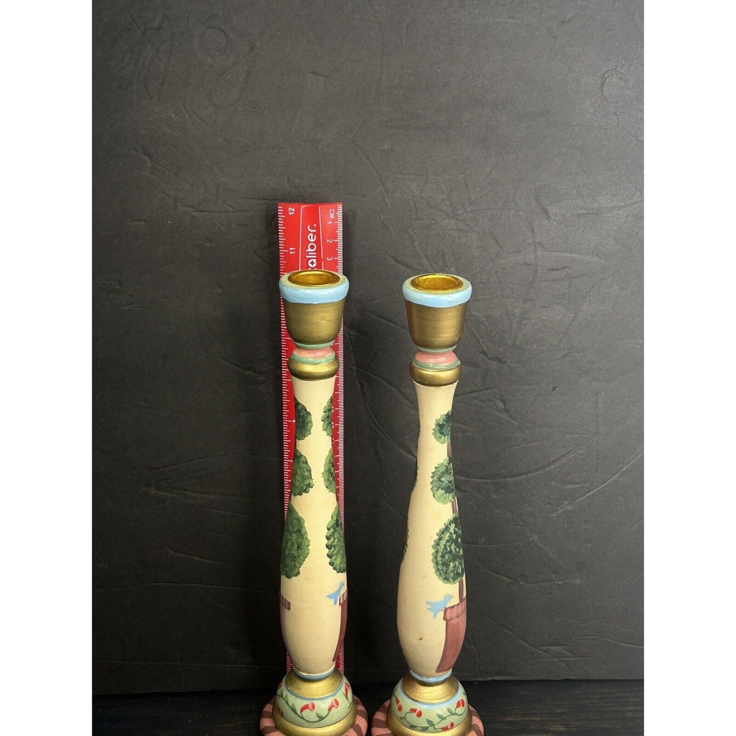 Folk art painted wooden candle holders pair all angles