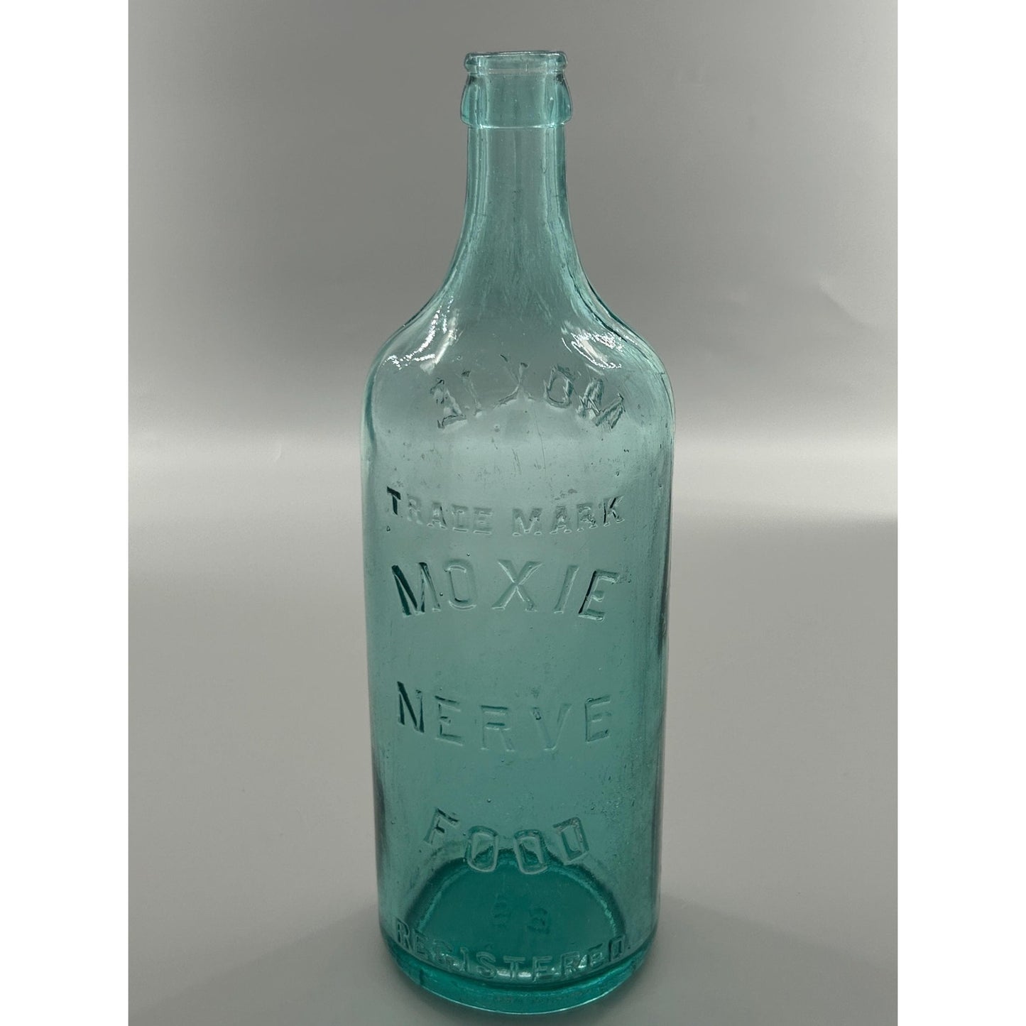 Moxie Nerve Food Aqua Glass Patent Medicine Bottle, Embossed Brockway Glass Collectible Decor