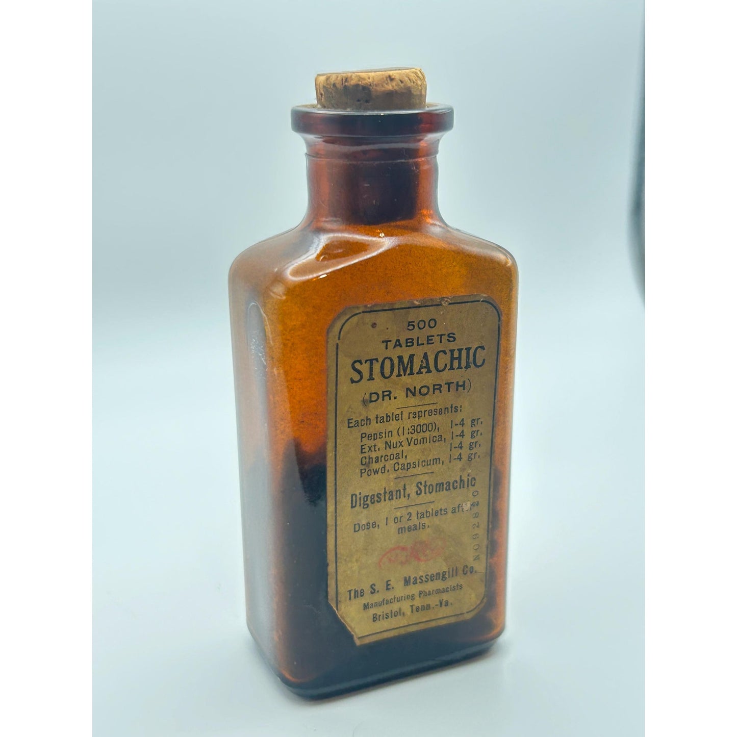 Antique Dr. North Stomachic Tablets Bottle Massengill Bristol TN Amber Glass