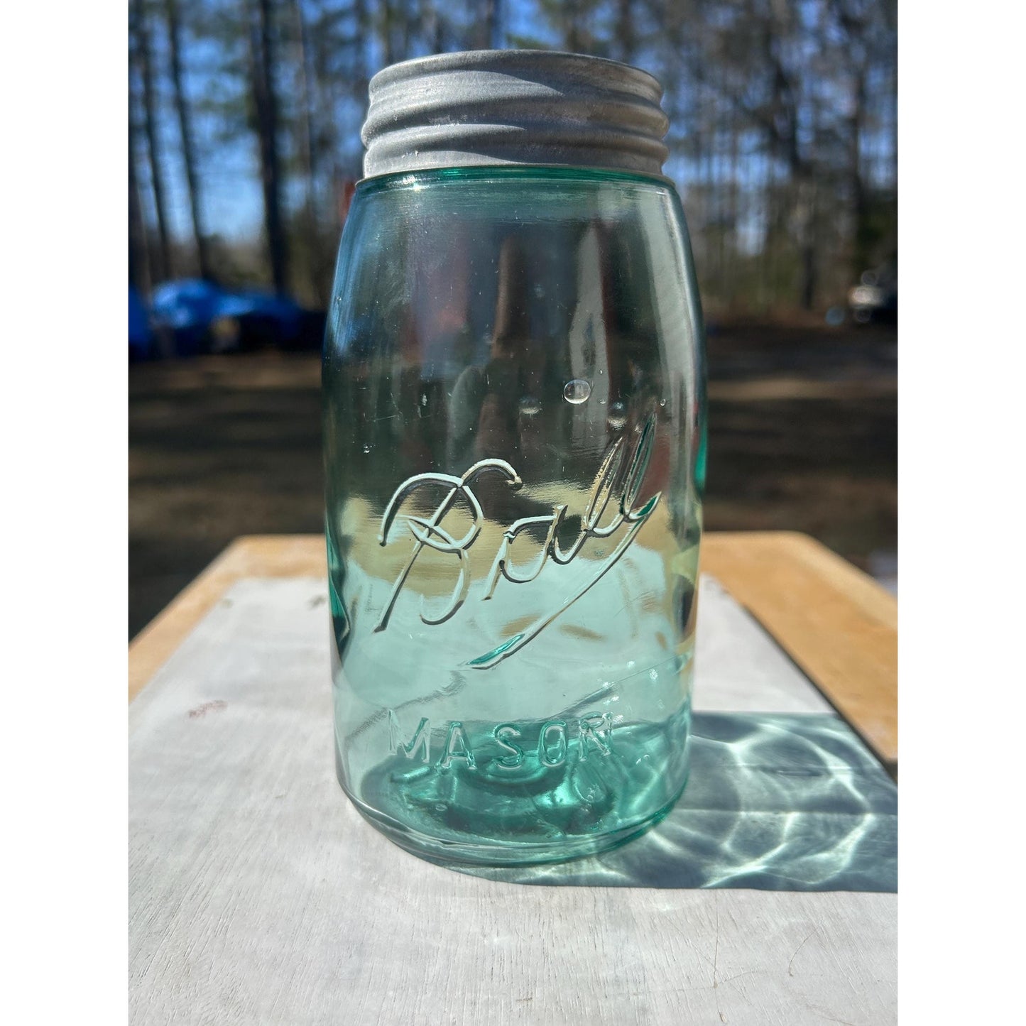 Antique Ball Mason Quart Deep Teal Aqua 1910–1923 Underlined Script Near Mint Zinc Lid 100+ Year Old Vintage Canning Jar