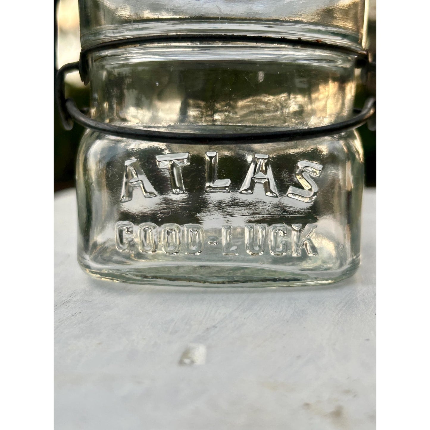 Atlas Good Luck Clover Half Pint Mason Jar Original Wire Bail Glass Lid Antique Hazel Atlas 1920s
