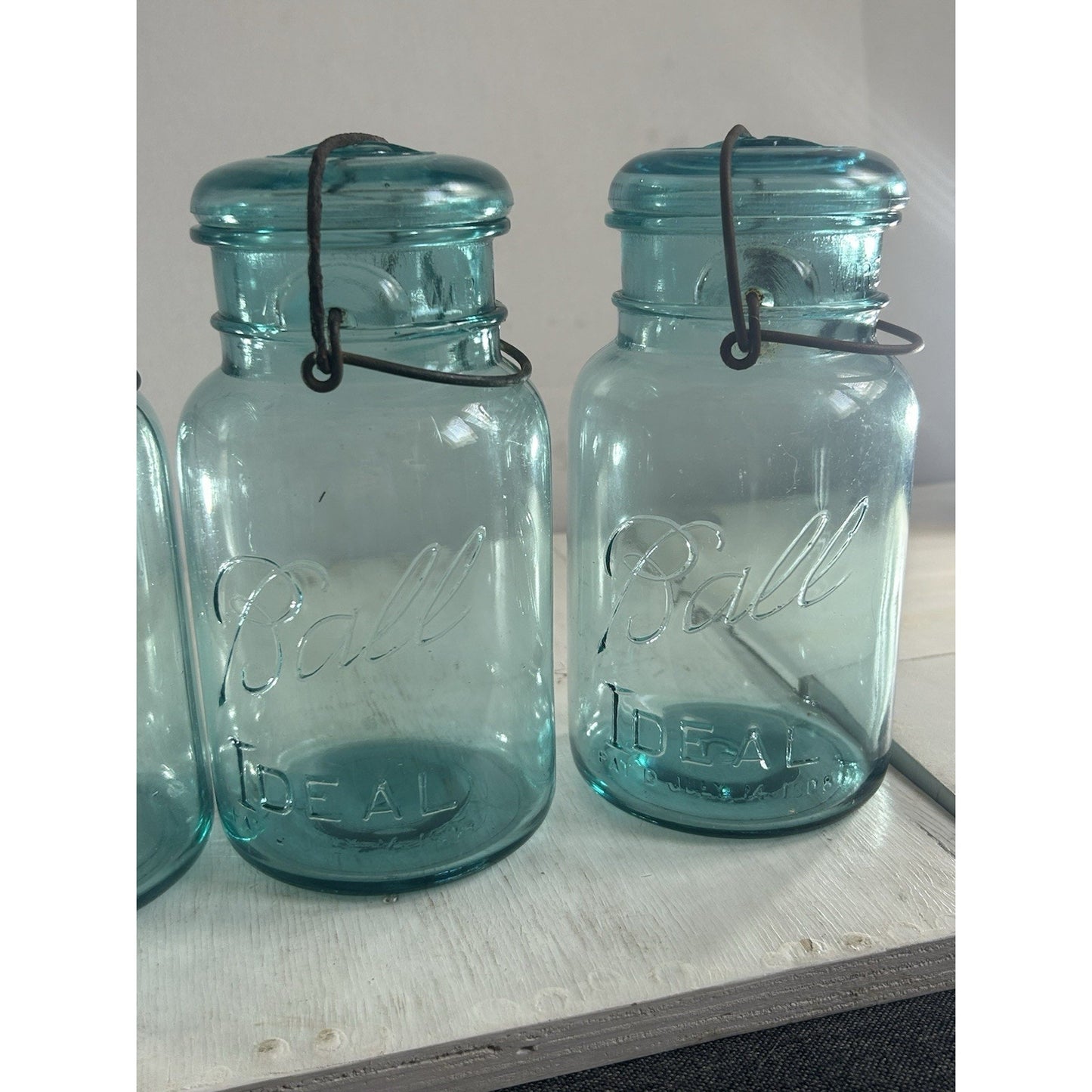 Lot of 3 Ball Ideal Blue Wire Bail Mason Jars Pat’d 1908 Vintage Quart Set. RARE
