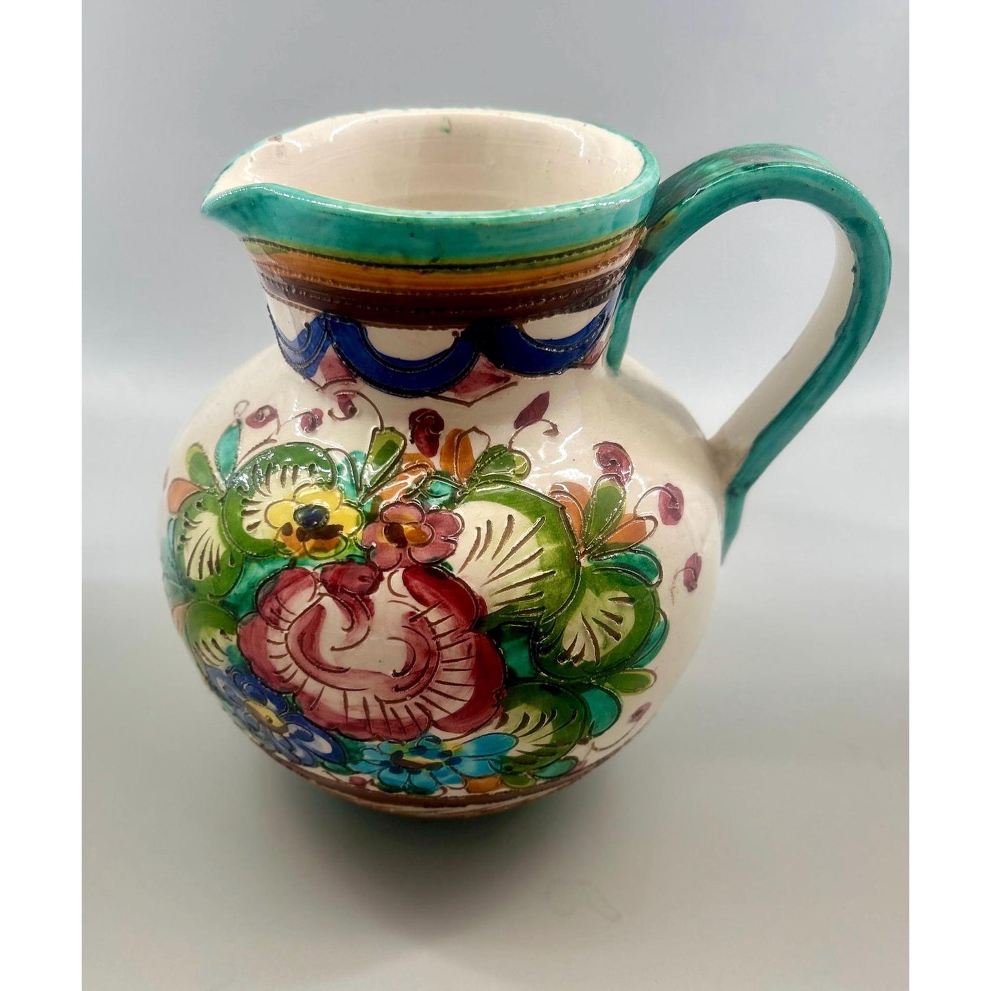 Vintage Spanish Talavera Faience Pottery Pitcher Hand Painted Floral Ceramic Jug Majolica