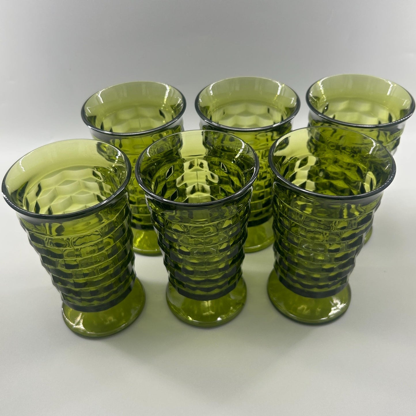Vintage Indiana Glass Whitehall Cube Tumblers Set of 6 Avocado Green Footed Glasses Mid Century Barware Retro Drinkware