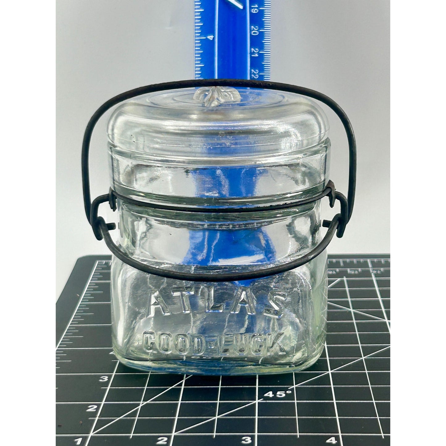 Atlas Good Luck Clover Half Pint Mason Jar Original Wire Bail Glass Lid Antique Hazel Atlas 1920s