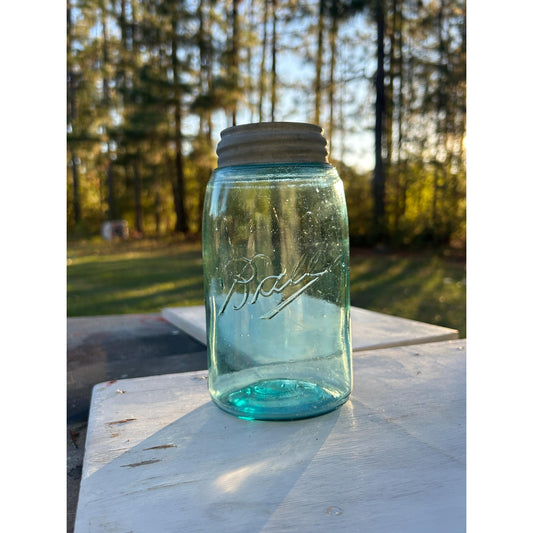 Antique Ball Mason Triple-L Quart Jar — Aqua Blue Glass — Air Bubble — Original Zinc Lid