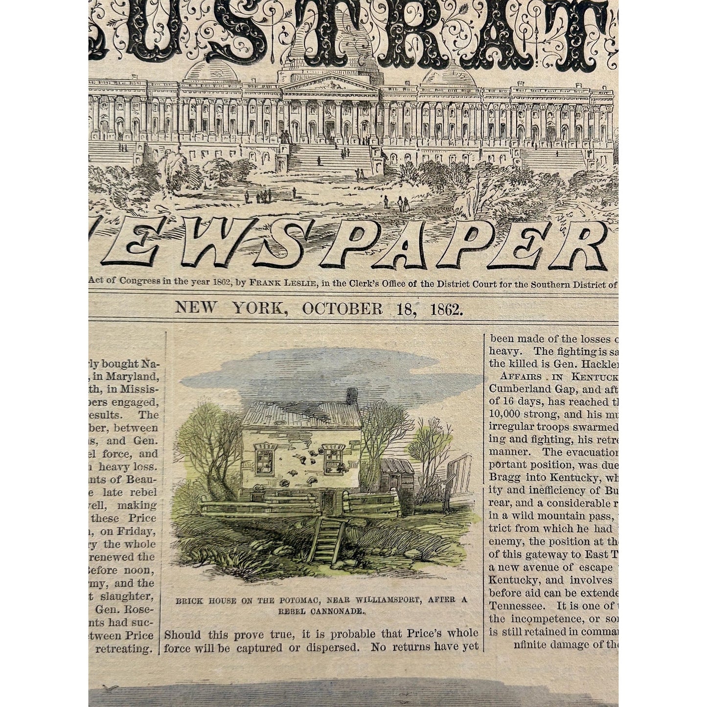 Antique Rare 1862 Frank Leslie Illustrated Newspaper Civil War Antietam Battlefield Original Hand Colored Engraving October 18 Issue
