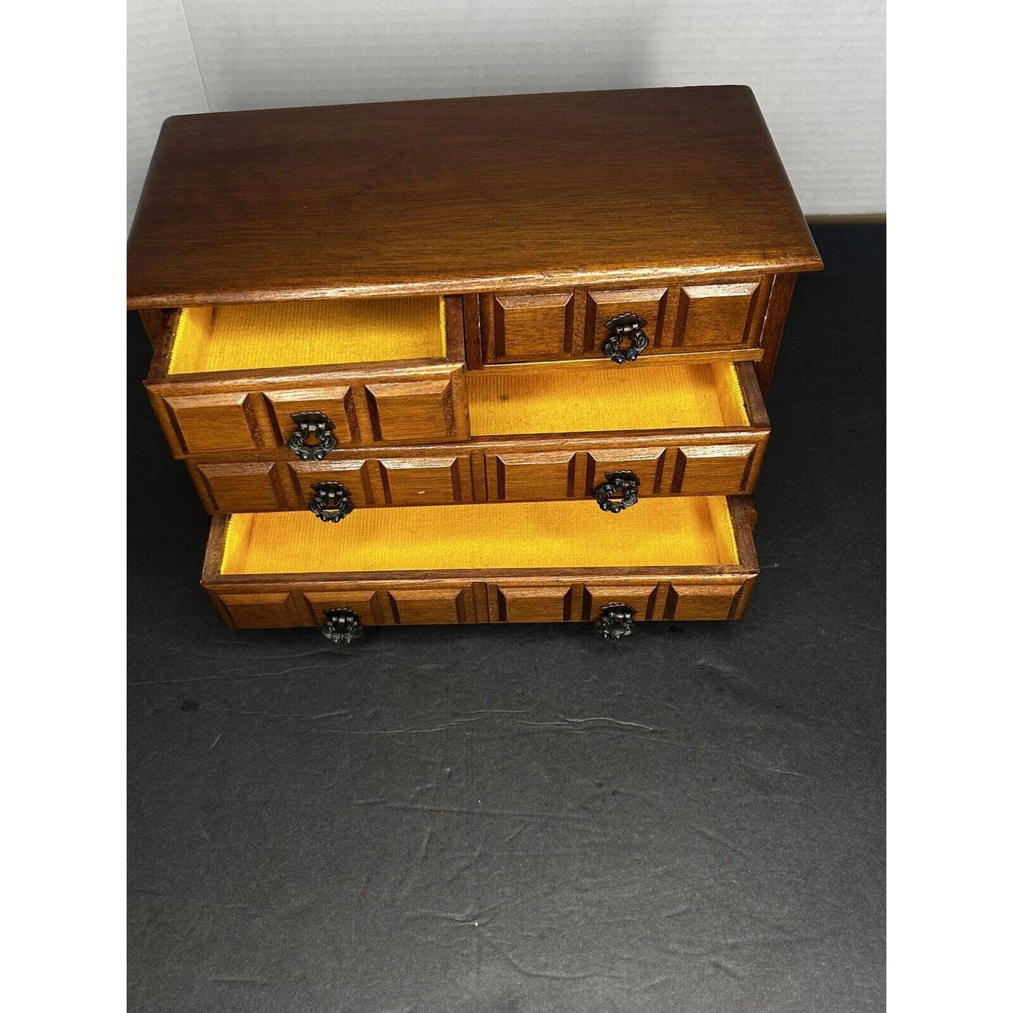 1970s wooden jewelry chest 3 tier side profile view
