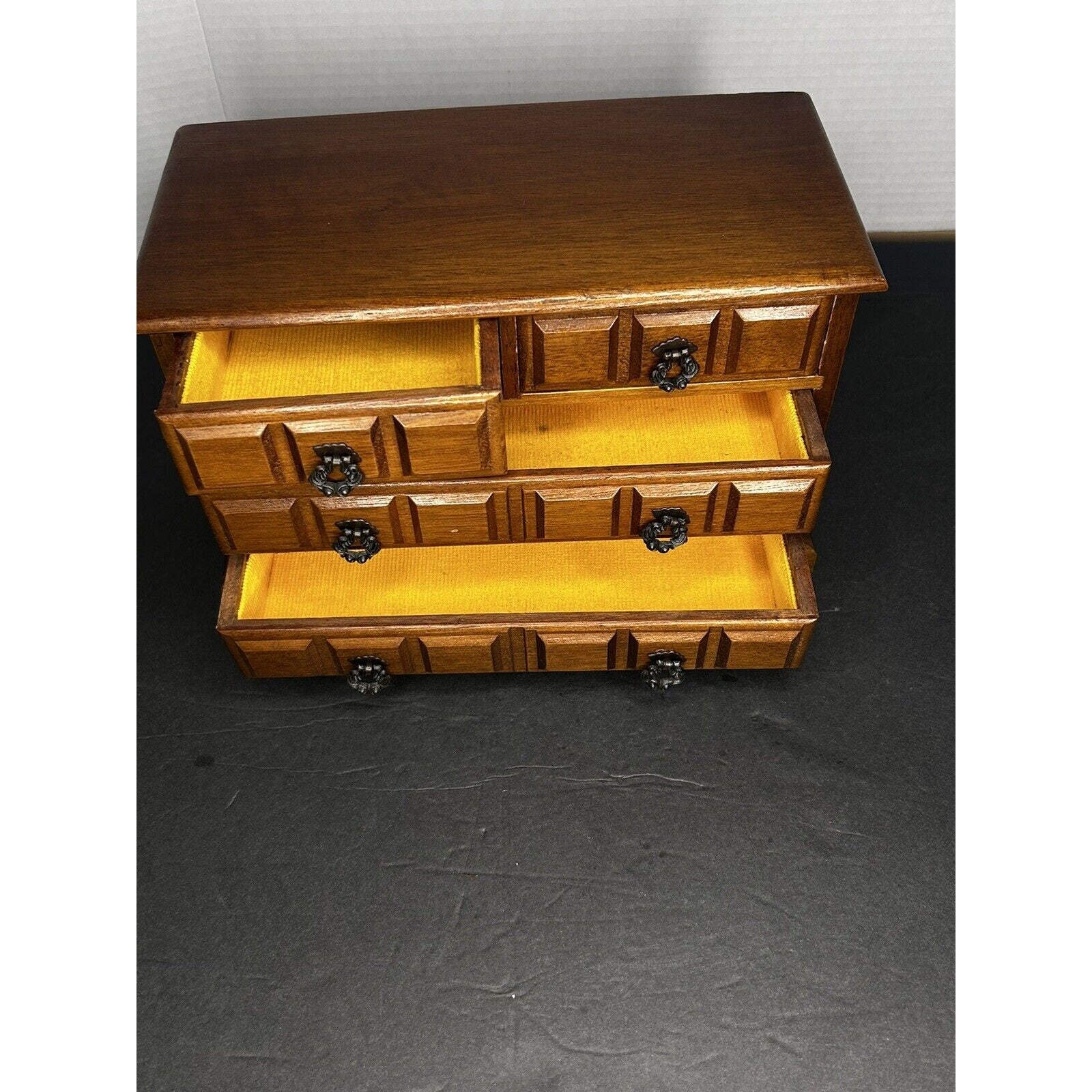 1970s wooden jewelry chest 3 tier side profile view