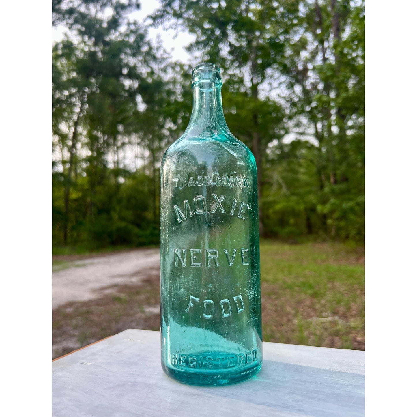 Antique Moxie Nerve Food Registered Bottle Aqua Glass Lowell MA Quack Medicine Soda Advertising Early 1900s Rare Display