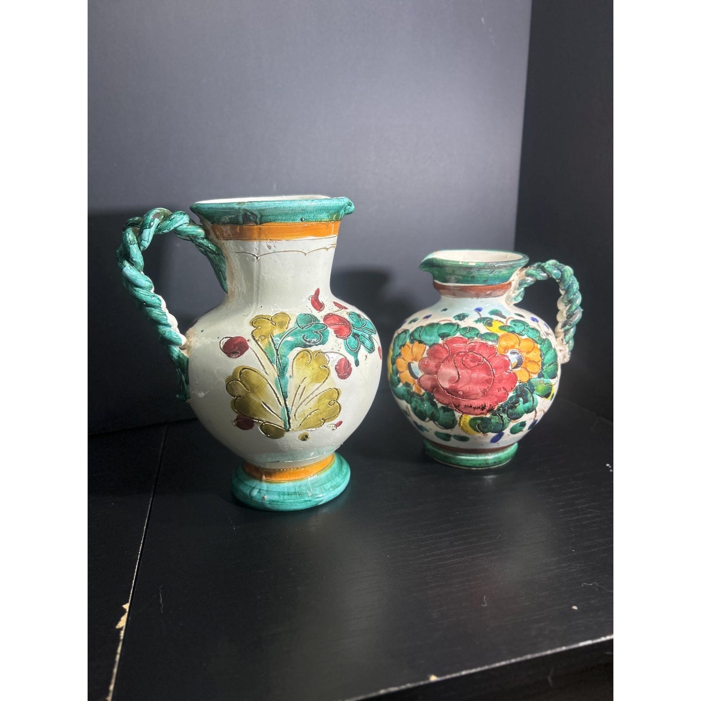 Pair of Hand Painted Majolica Pitchers | Braided Handle Floral Pottery Set | Spanish Rustic Ceramic Jugs | Tuscan Mediterranean Home Decor