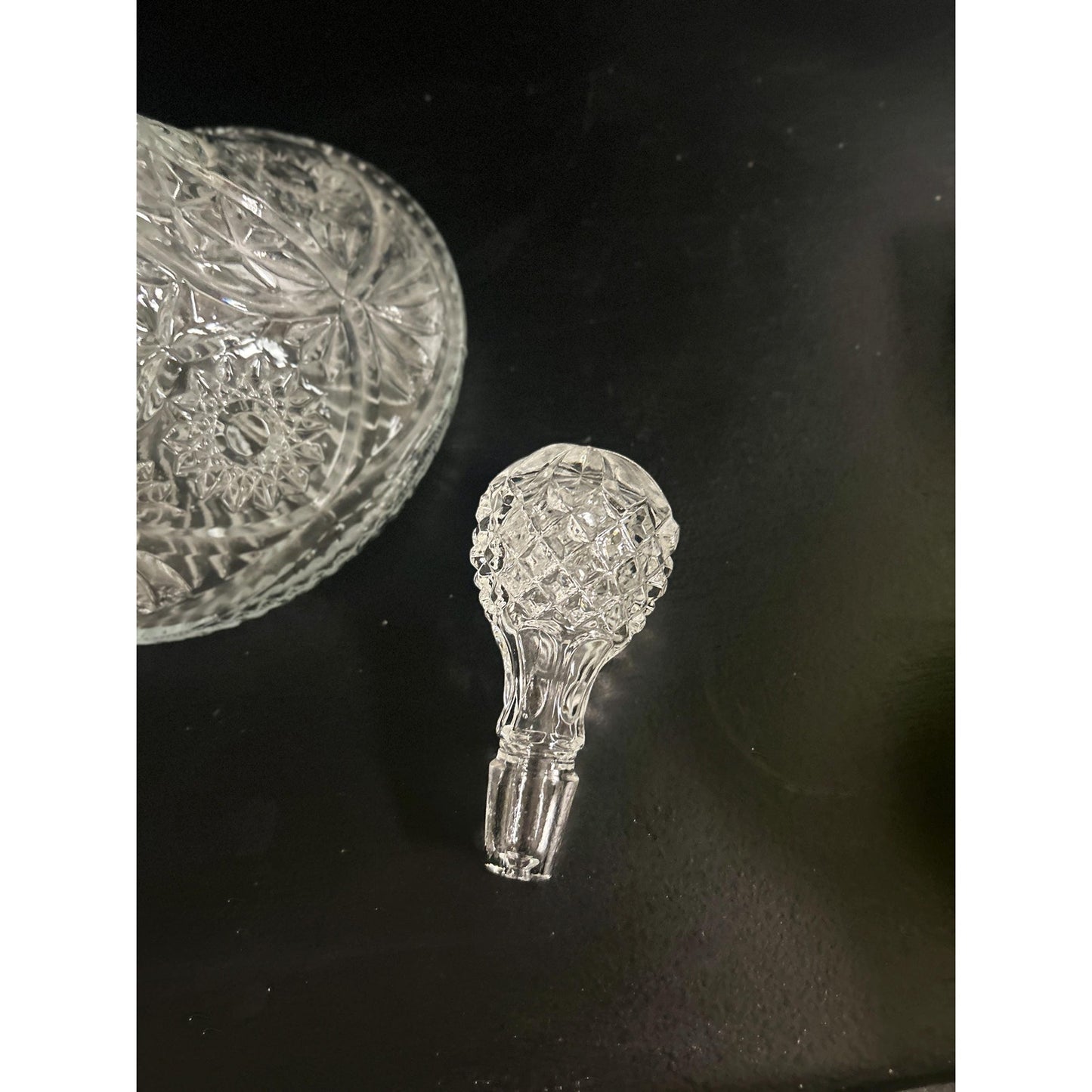 Vintage Cut Crystal Decanter with Stopper • Pressed Glass Starburst Pattern • Heavy Clear Barware • Mid-Century Liquor Whiskey Wine Bottle
