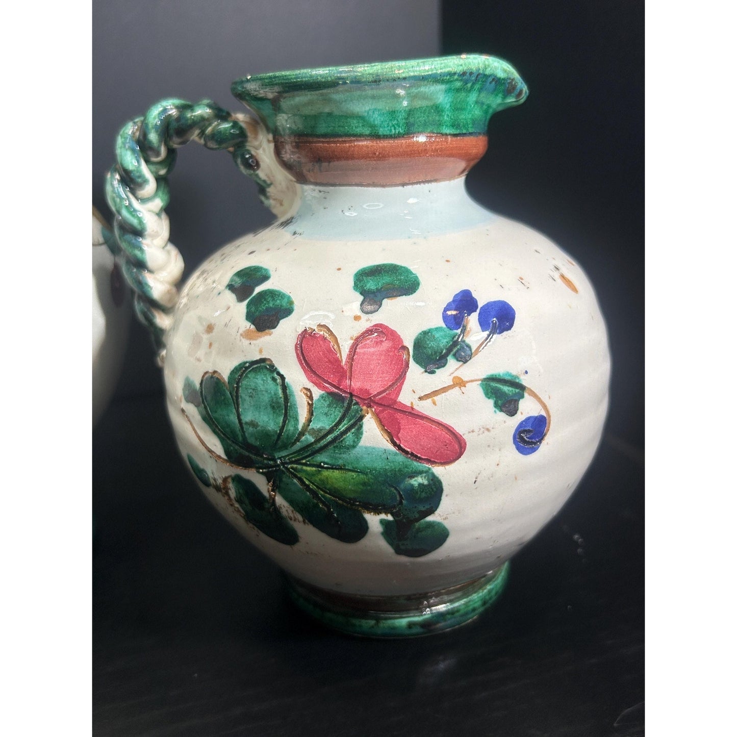 Pair of Hand Painted Majolica Pitchers | Braided Handle Floral Pottery Set | Spanish Rustic Ceramic Jugs | Tuscan Mediterranean Home Decor