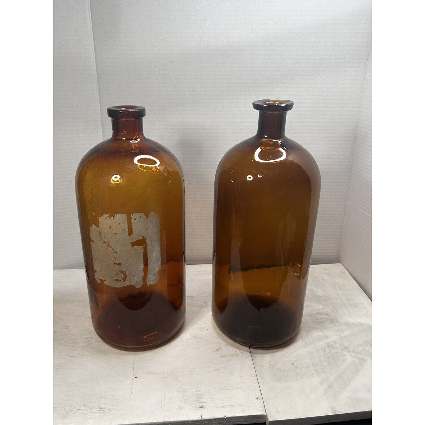 2 Antique Large Apothecary Pharmacy Brown Amber Glass Bottle Jar Rustic Decor