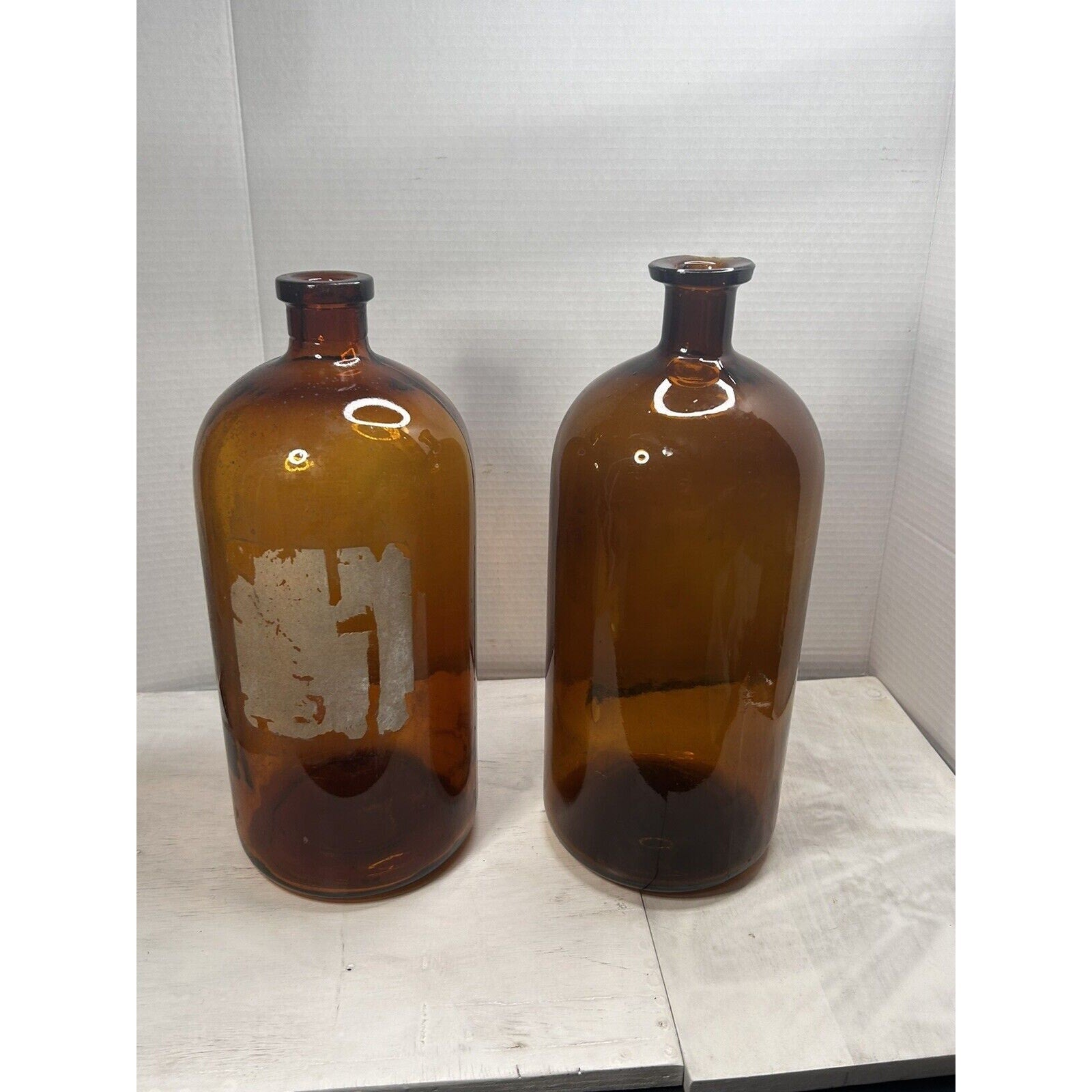 2 Antique Large Apothecary Pharmacy Brown Amber Glass Bottle Jar Rustic Decor