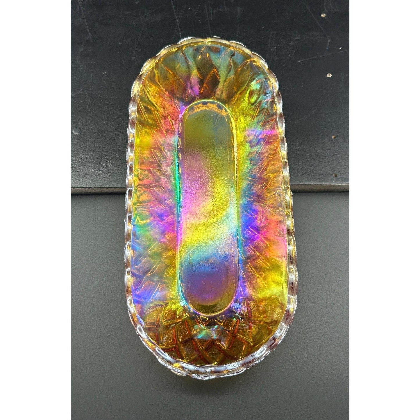 Vintage Indiana Carnival Glass Relish Tray – Marigold Iridescent Diamond Pattern