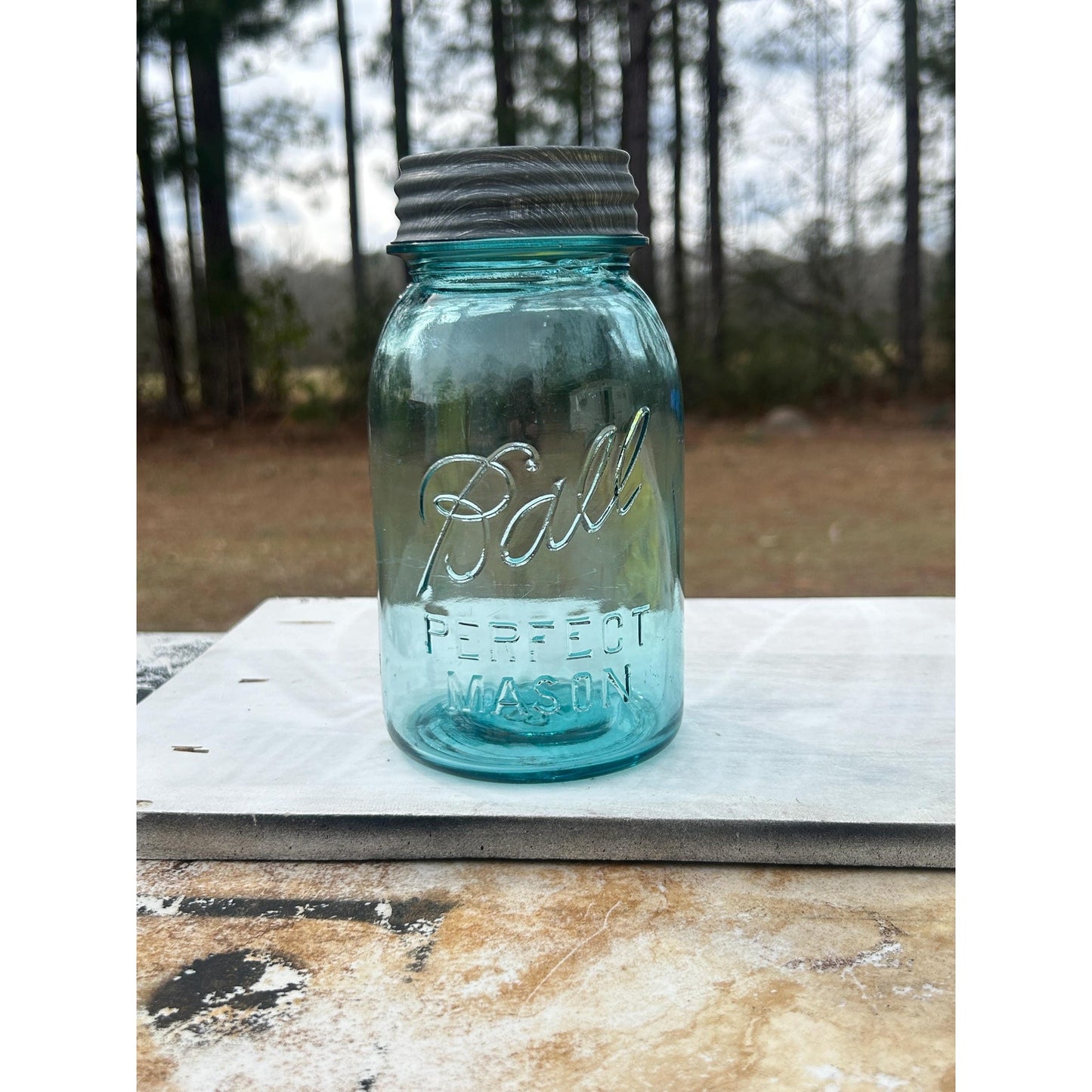 Antique Ball Perfect Mason Jar #13 Mold Aqua Quart w Original Zinc Lid 1920s
