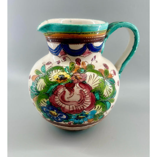 Vintage Spanish Talavera faience pitcher, hand-painted floral decoration, turquoise cobalt and iron red glazes
