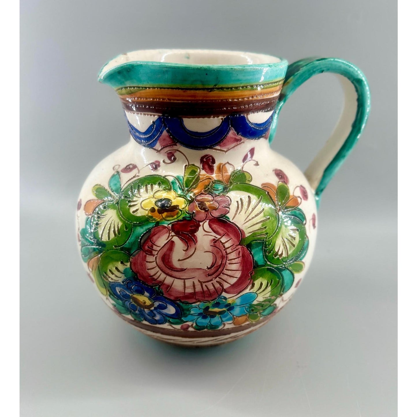 Vintage Spanish Talavera Faience Pottery Pitcher Hand Painted Floral Ceramic Jug Majolica