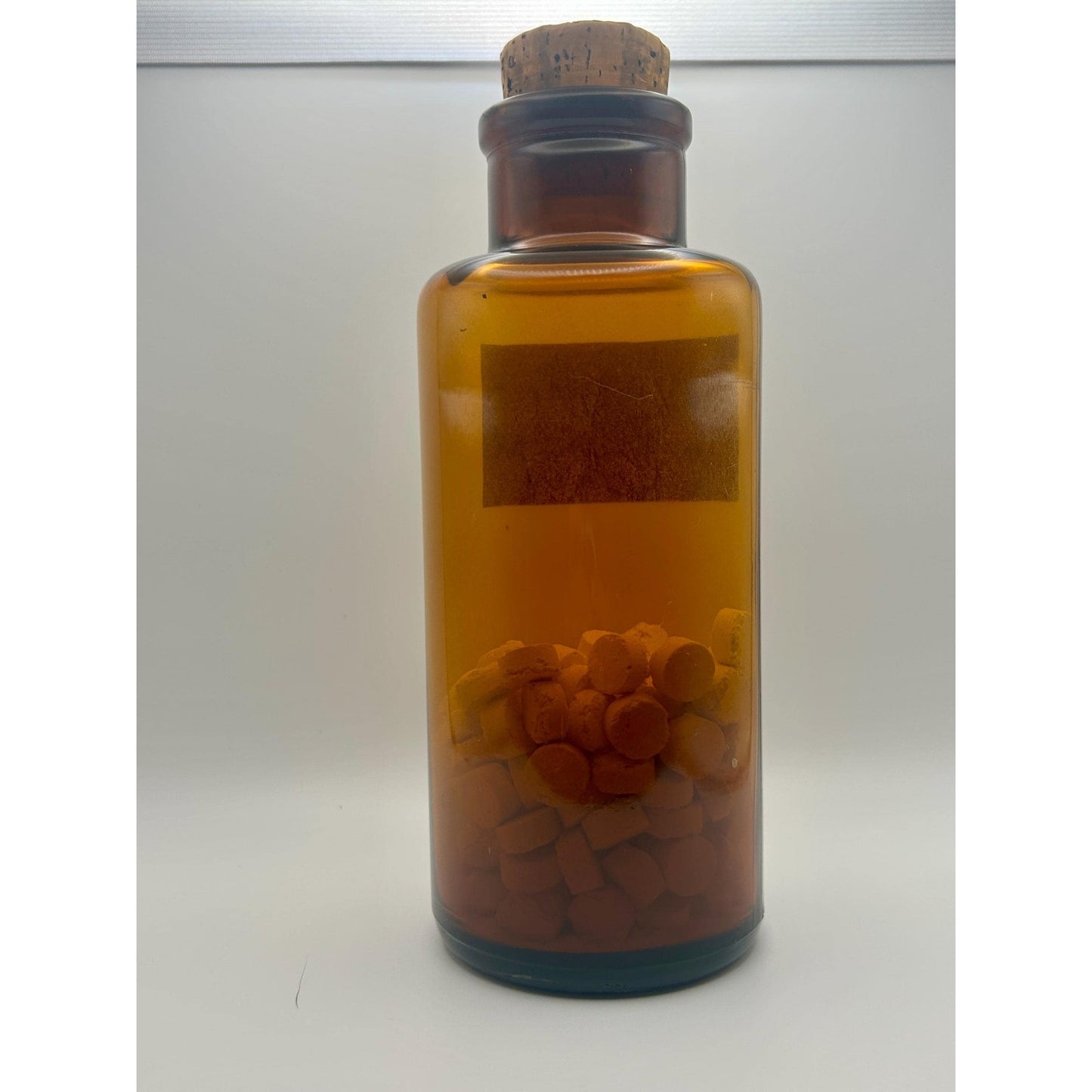 Antique Calcium Sulphide Medicine Bottle w/ Tablets & Cork, Amber