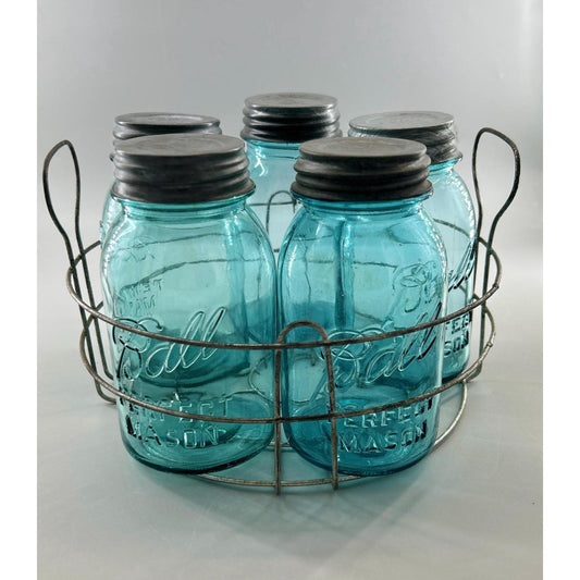 Vintage Ball Perfect Mason Jar Set Aqua Blue w Wire Carrier Zinc Lids 5pc