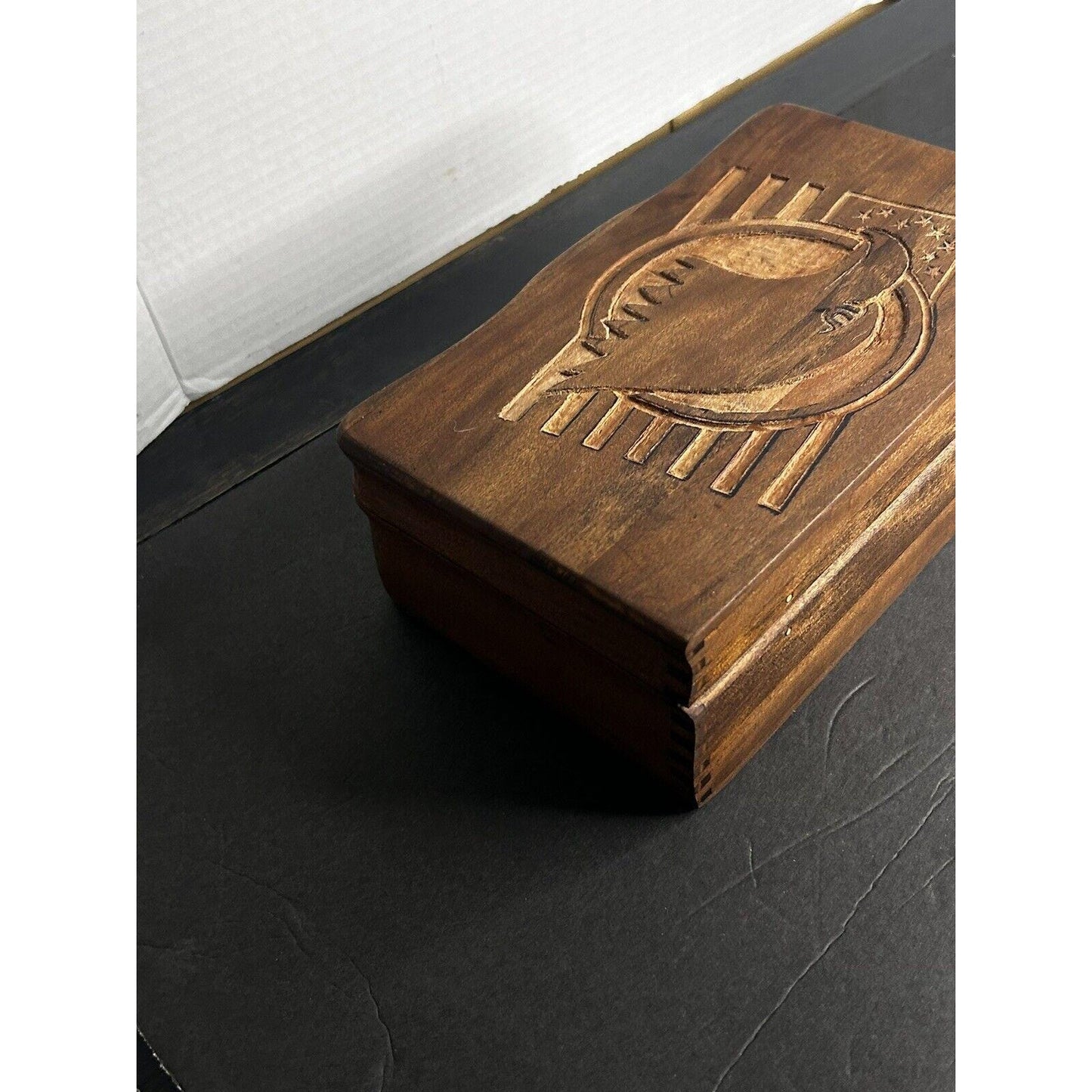 Antique Hand Carved Bald Eagle Wooden Trinket Box With Mirror | America | Trinket_box | Maga | Trump | Patriotic | Home_decor