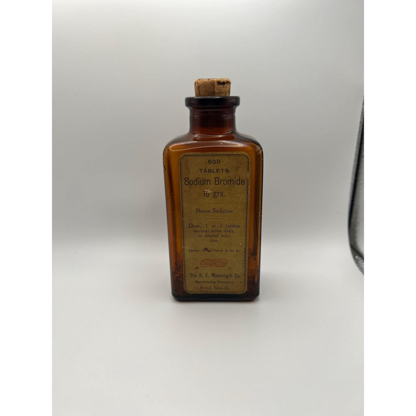 Vintage Massengill Pharmacy Medicine Jar w/ Original Contents Amber Bottle