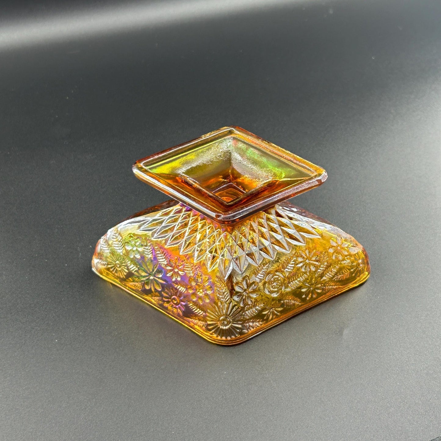 Vintage Indiana Glass Carnival Compote – Marigold Iridescent Square Pedestal Bowl, Floral Depression Glass Centerpiece