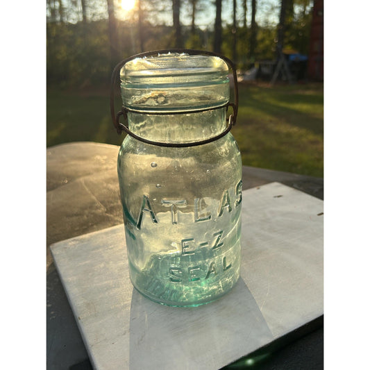 Atlas E-Z Seal Aqua / cornflower blue Glass Jar with Wire Bail Lid – Vintage Canning Storage Jar Collectible 1930s-40s Aqua Blue Mason Jar