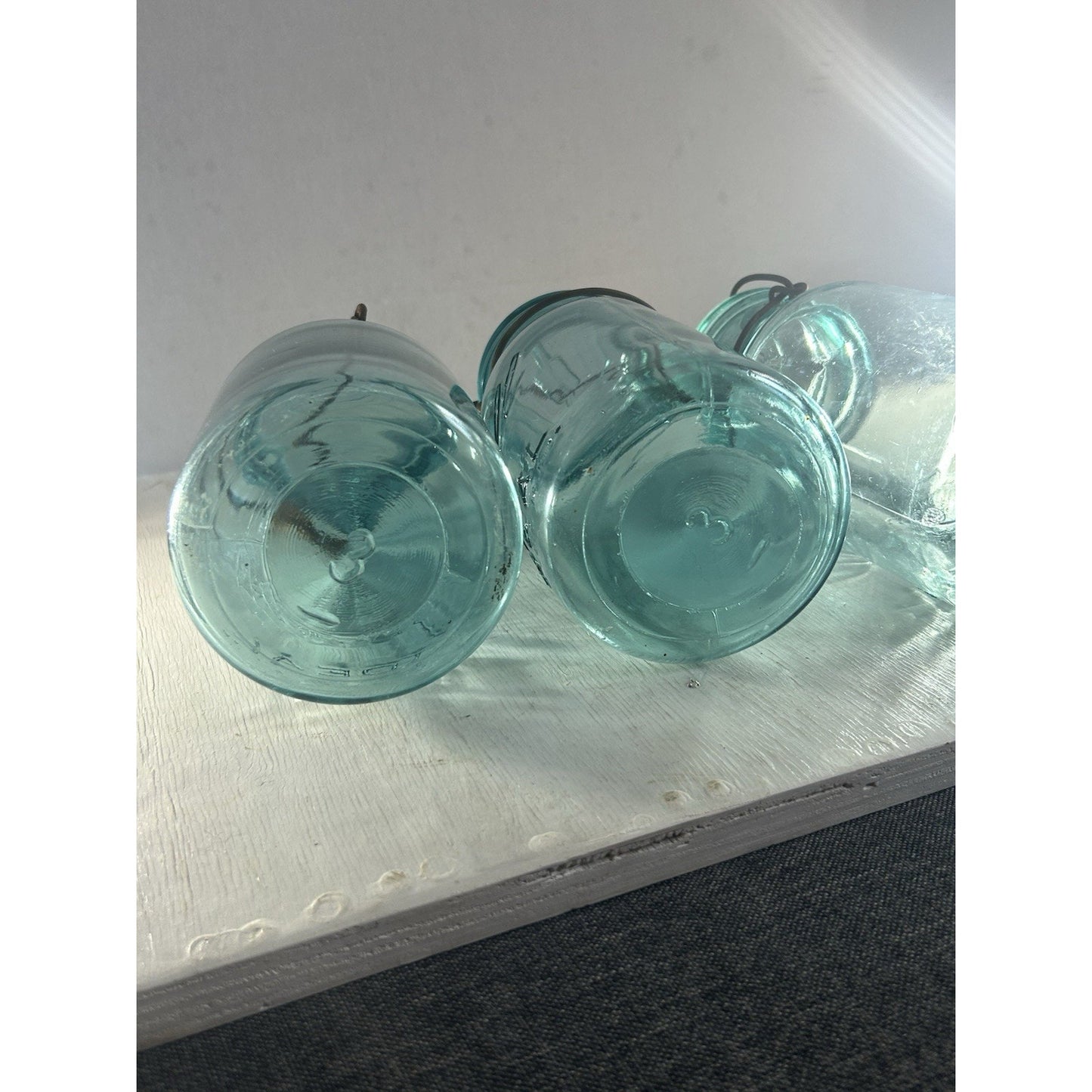 Lot of 3 Ball Ideal Blue Wire Bail Mason Jars Pat’d 1908 Vintage Quart Set. RARE