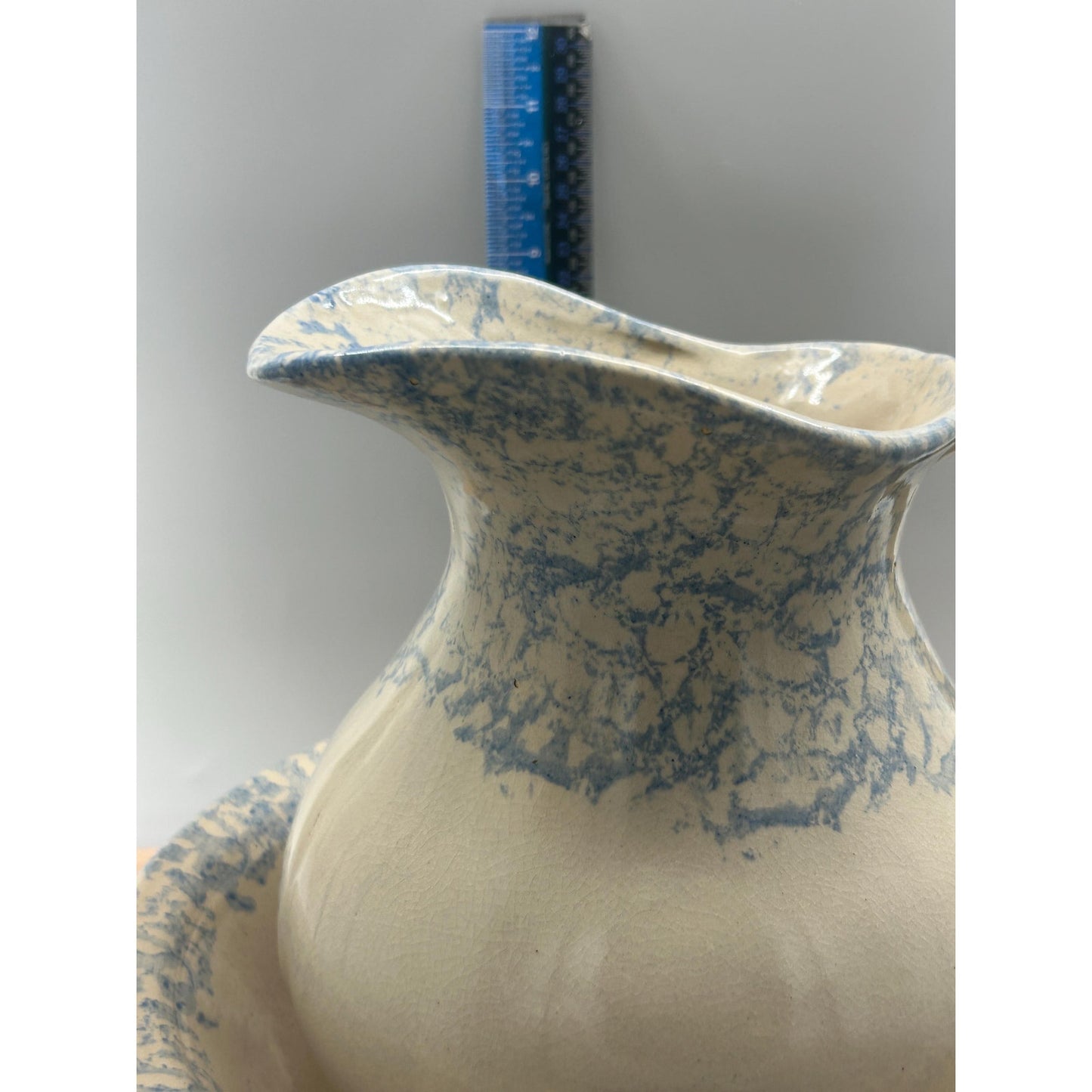 Robinson Ransbottom Blue Spongeware Pitcher and Bowl Set, RRP Pottery Stoneware Basin, Primitive Farmhouse Kitchen Decor, Rare