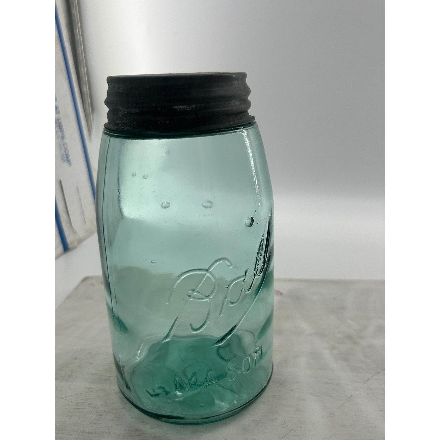 Antique Ball Mason Quart Deep Teal Aqua 1910–1923 Underlined Script Near Mint Zinc Lid 100+ Year Old Vintage Canning Jar