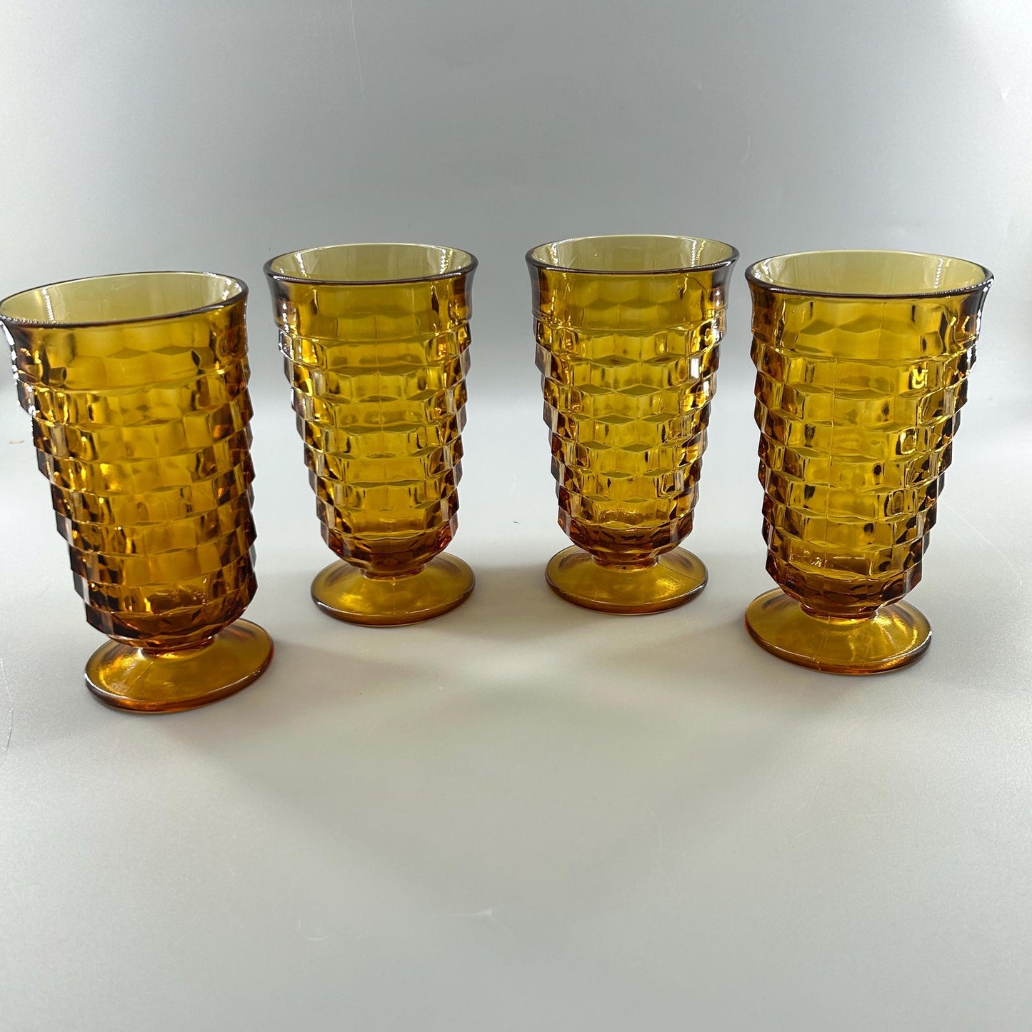 Vintage Indiana Glass Whitehall Cube Tumblers Set of 4 Amber Footed Glasses Mid Century Barware Retro Drinkware. Honey Brown Root Beer MCM