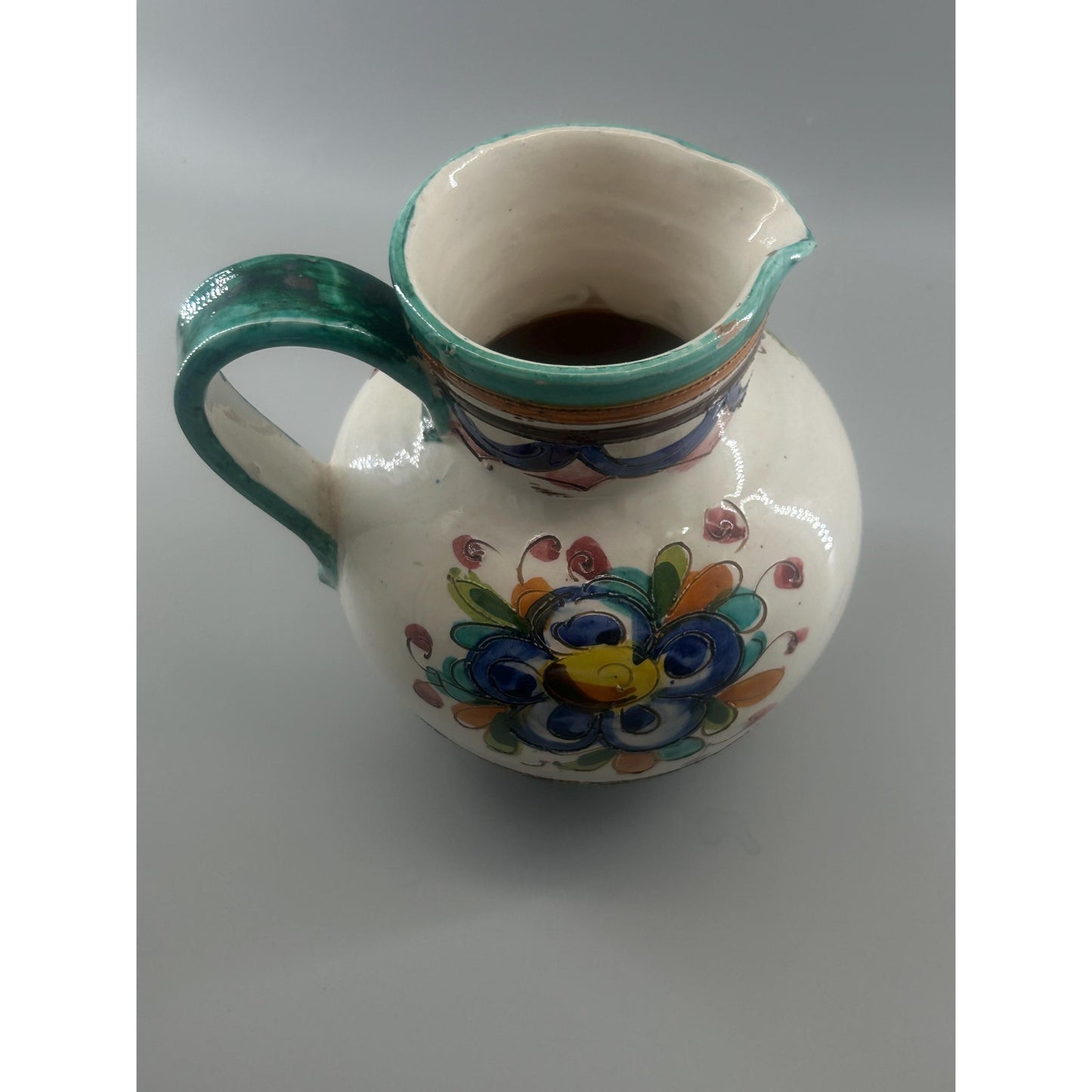 Vintage Spanish Talavera Faience Pottery Pitcher Hand Painted Floral Ceramic Jug Majolica