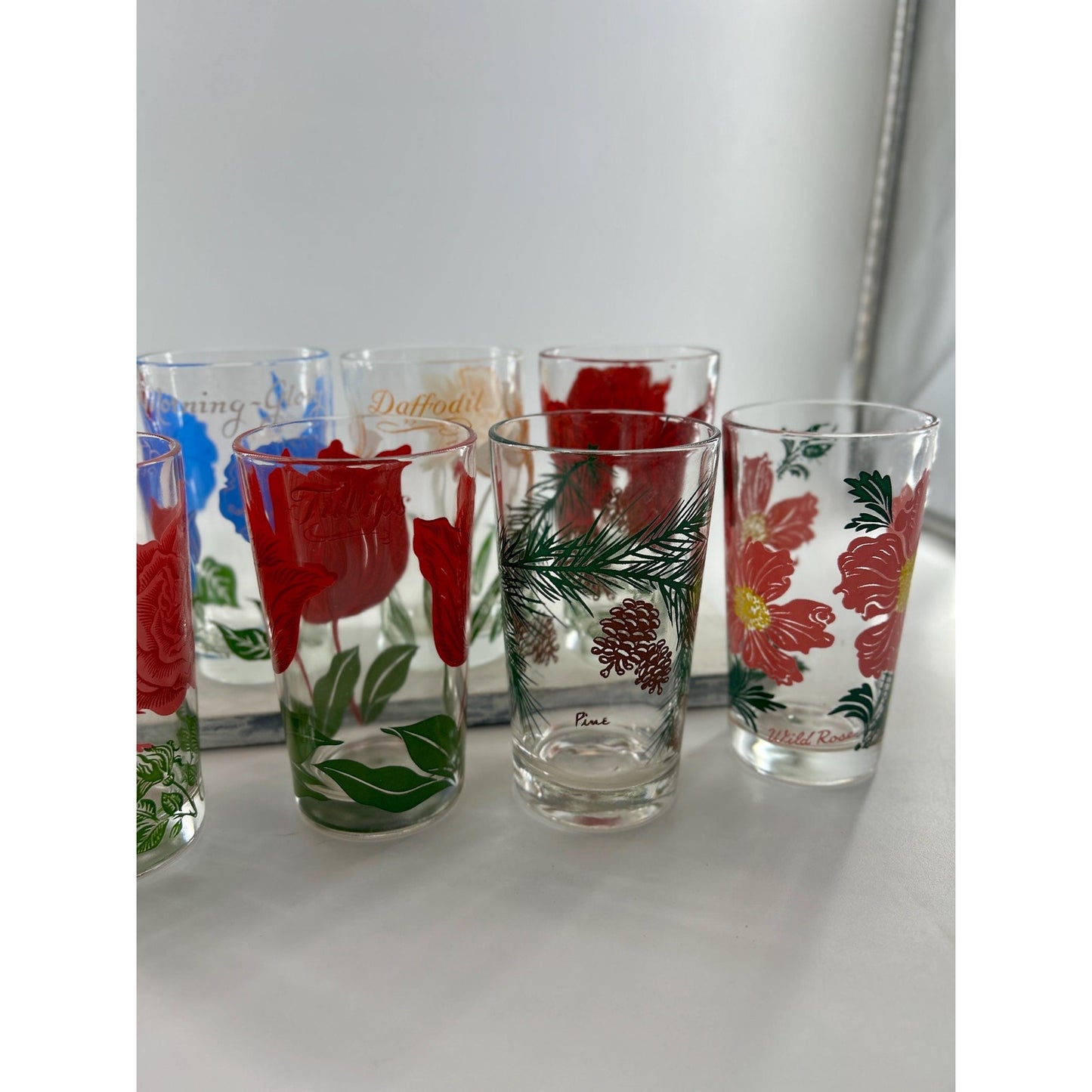 Vintage Federal Glass Floral Tumbler Set of 8 Mid Century Drinking Glasses Poppy Rose Daffodil Retro Barware MCM USA