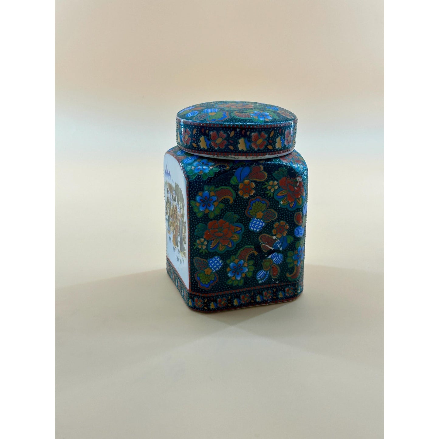 Vintage Japanese Kutani Ginger Jar w/ Geisha Scene Floral Enamel Lidded