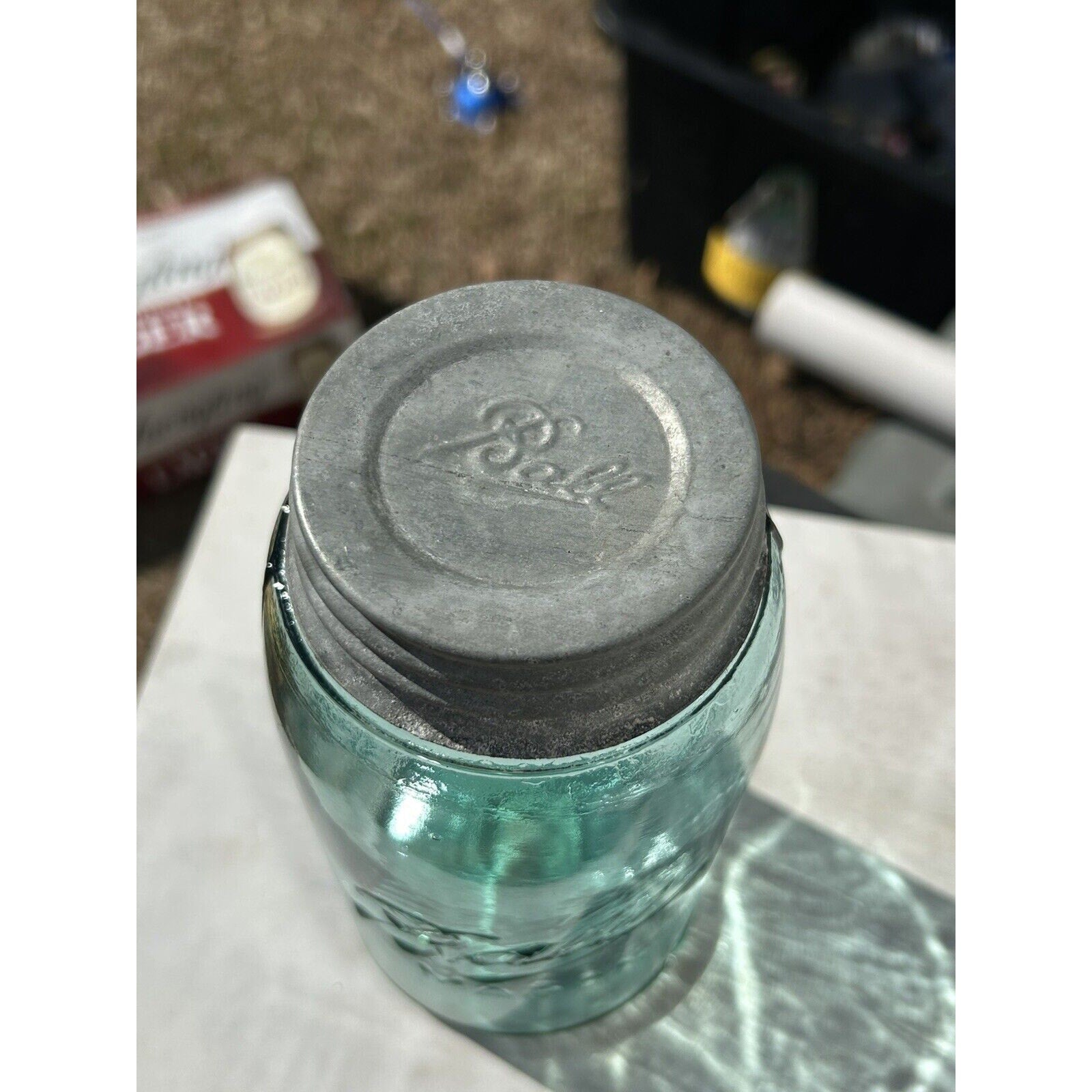 Antique Ball Triple L quart jar full profile aqua blue