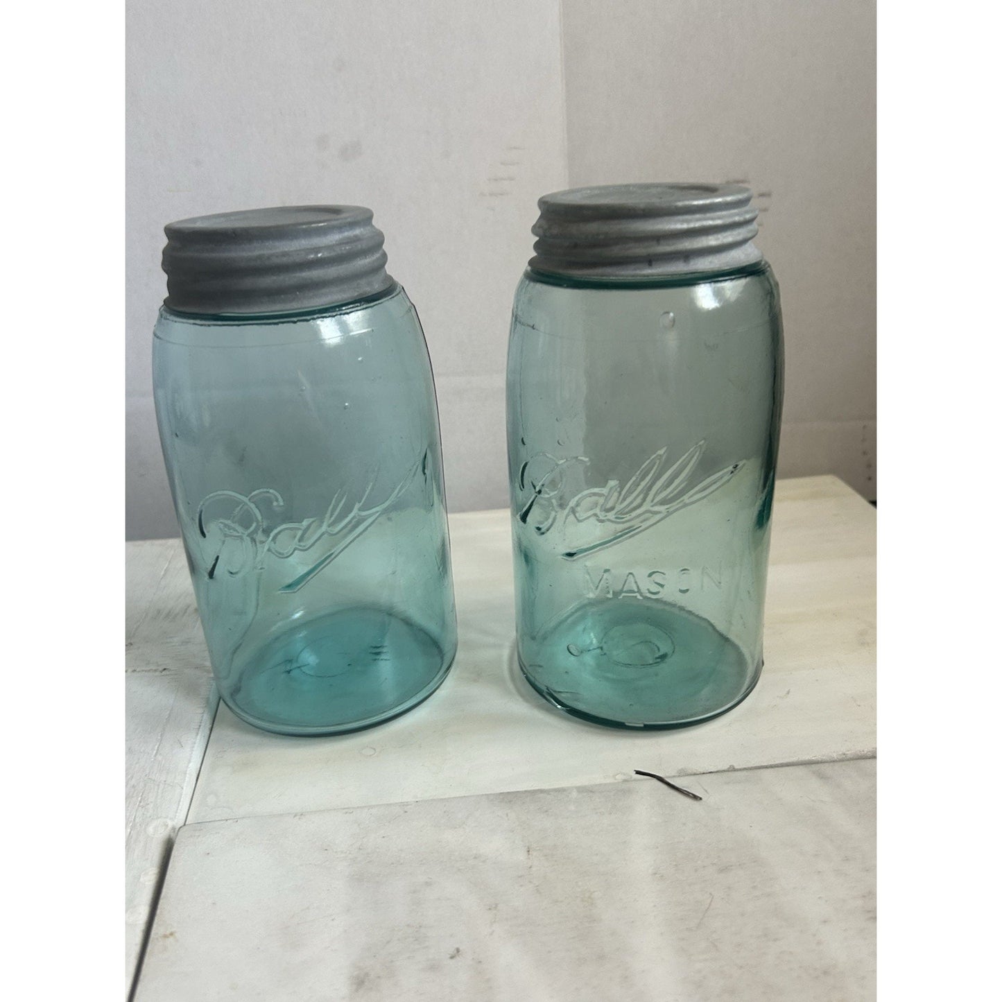 2 1920’s Vintage Ball Mason Jars – Triple L Logo – Quart – Aqua Blue – Zinc Lids