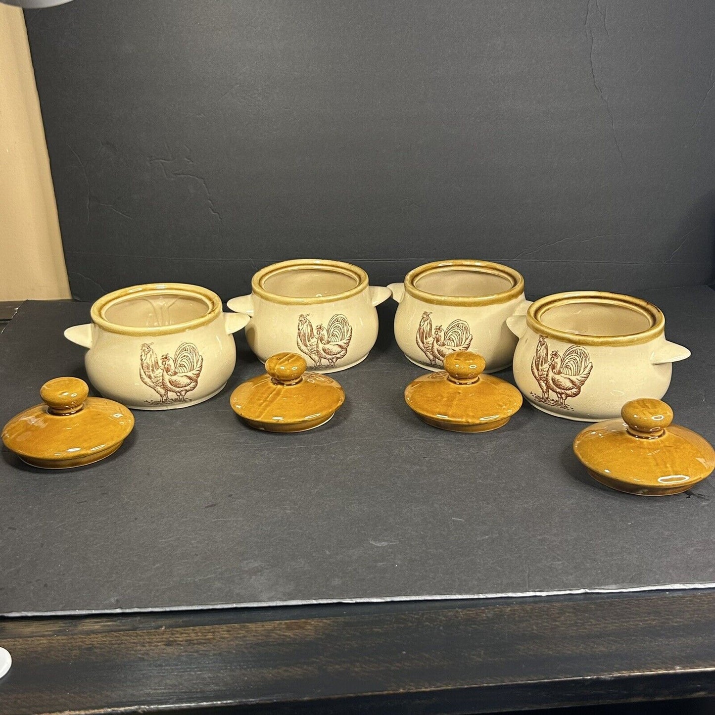 Vintage rooster serving dish set farmhouse ceramic all angles
