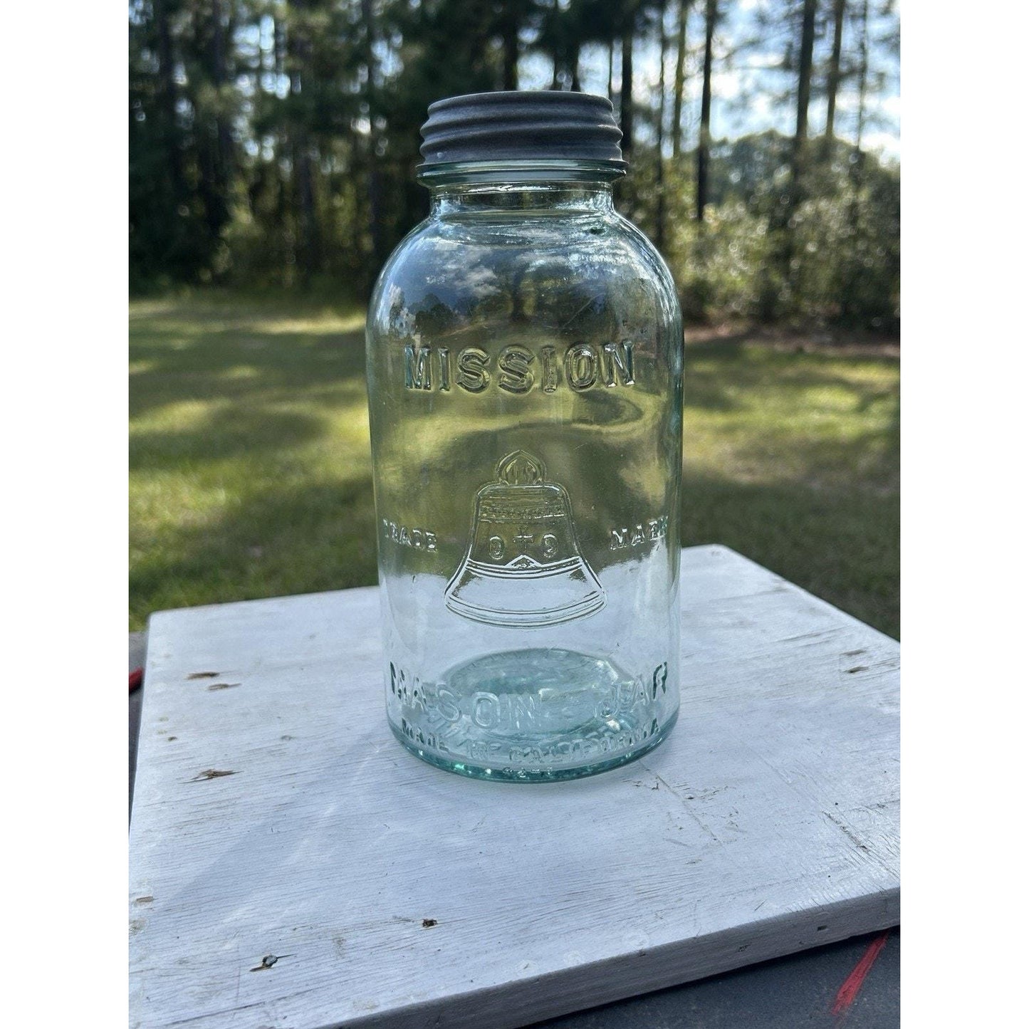 Very Rare Half Gallon Mission Bell Mason Jar – Aqua Blue Antique Canning Jar – W.J. Latchford Los Angeles California Farmhouse Kitchen Decor