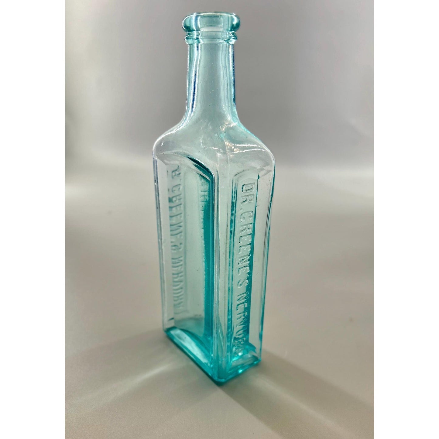 Antique Dr Greene’s Nervura Aqua Blue Patent Medicine Bottle c1890 Embossed Blood Nerve Remedy Apothecary Glass