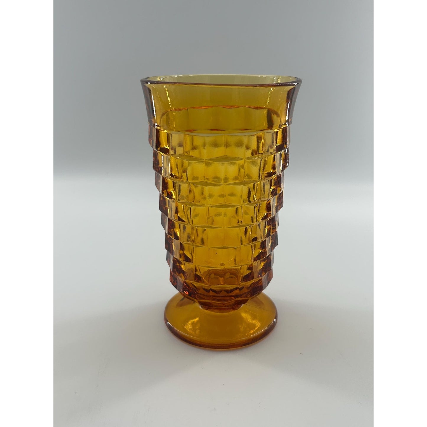 Mid Century Modern Amber Glass Vase | Tall Footed Diamond Pattern Vase | MCM Golden Yellow Art Glass Decor