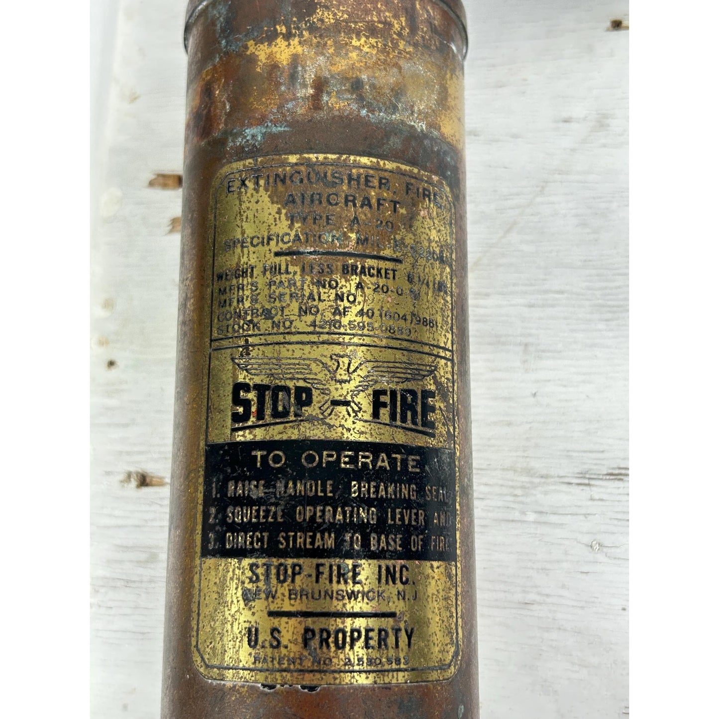 Rare STOP-FIRE Military Aircraft Fire Extinguisher WWII Era Preserved Original Brass Aviation Artifact