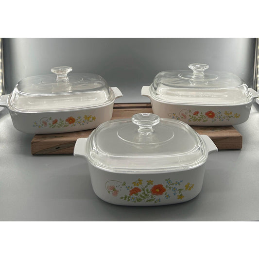 Vintage CorningWare Wildflower Casserole Dishes Set of 3 | (2) A-10-B 2.5L & (1) A-2-B 2 Qt | With Glass Lids | USA Made
